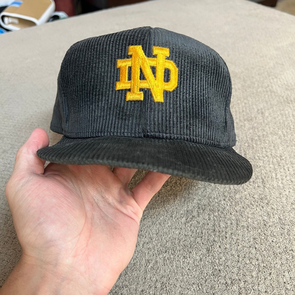 Vintage 1990s Notre Dame Fighting Irish Corduroy Snapback Hat Navy Blue Gold - Picture 3 of 7